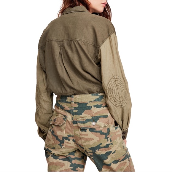 Free People Day Drifter Utility Button Down Long Sleeve Linen Shirt Green NEW - Picture 4 of 7